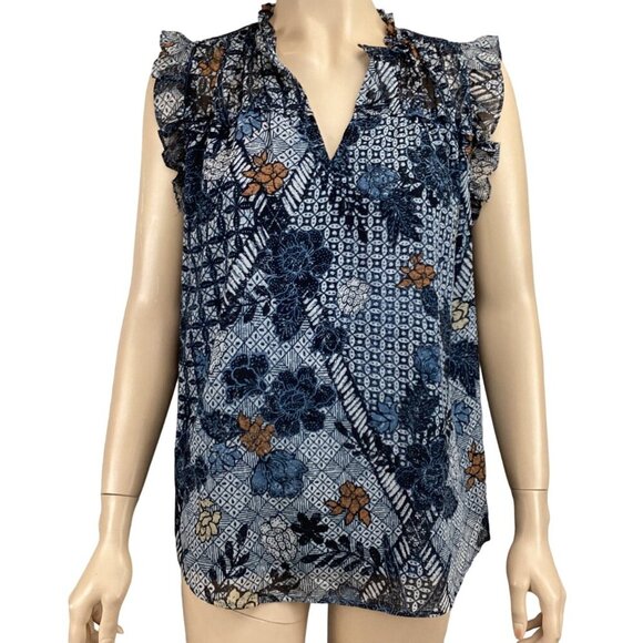 Maison D’Amelie Floral Sleeveless Top Blue & Orange‎ Size Medium Ruffle V-neck - Picture 1 of 7